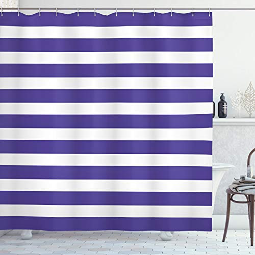 Ambesonne Striped Shower Curtain, Nautical Marine Style Navy Blue and White Sailor Theme Geometric Pattern Art Print, Cloth Fabric Bathroom Decor Set with Hooks, 70" Long, Purple