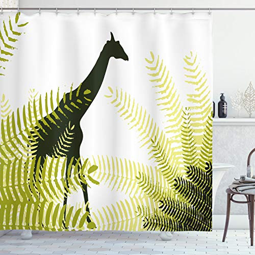 Ambesonne Africa Shower Curtain, Silhouette of Giraffe Ferns National Park Terrestrial Tall Animal Print, Cloth Fabric Bathroom Decor Set with Hooks, 70" Long, Pale Green