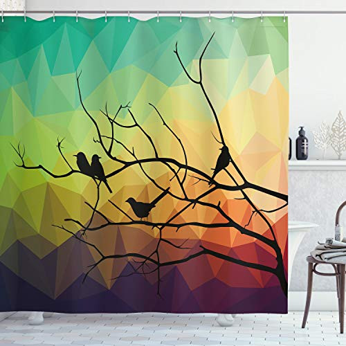 Ambesonne Modern Shower Curtain, Birds on Branch with Geometrical Abstract Rainbow Colored Sharp Lines Backdrop Print, Cloth Fabric Bathroom Decor Set with Hooks, 70" Long, Green Teal