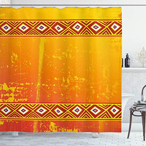 Ambesonne African Shower Curtain, Theme Grunge Ornaments with Geometric Pattern Print, Cloth Fabric Bathroom Decor Set with Hooks, 70" Long, Marigold Orange