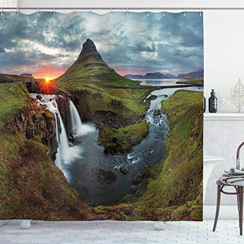 Ambesonne Landscape Shower Curtain, Waterfall Landscape at Iceland Sunset Mountain Volcanic Area Natural Beauty Theme, Cloth Fabric Bathroom Decor Set with Hooks, 70" Long, Green Pink