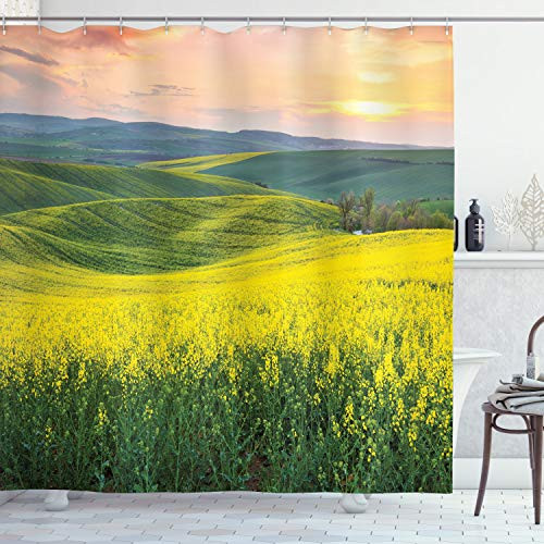 Ambesonne Yellow Shower Curtain, Spring Landscape Wildflower Fields Sunrise Colorful Sky and Hills Valley Picture, Cloth Fabric Bathroom Decor Set with Hooks, 70" Long, Yellow Green