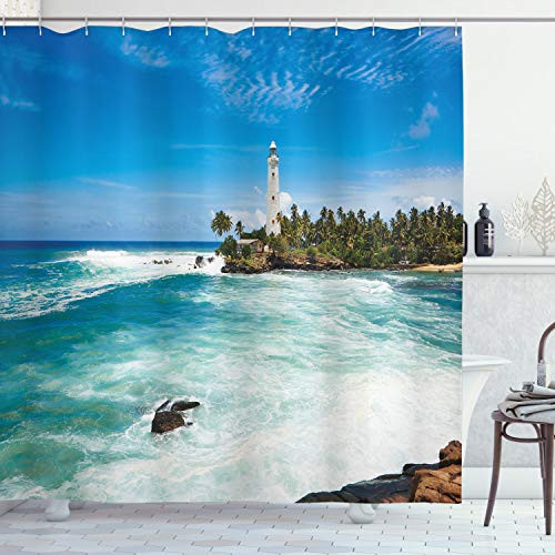 Ambesonne Lighthouse Shower Curtain, Tropical Island Lighthouse with Palm Trees Rocks Wavy Seaside Beach Ocean, Cloth Fabric Bathroom Decor Set with Hooks, 70" Long, Blue White