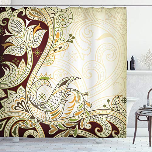 Ambesonne Ethnic Shower Curtain, Oriental Floral Leaf Pattern with Middle Eastern Design, Cloth Fabric Bathroom Decor Set with Hooks, 70" Long, Redwood Orange