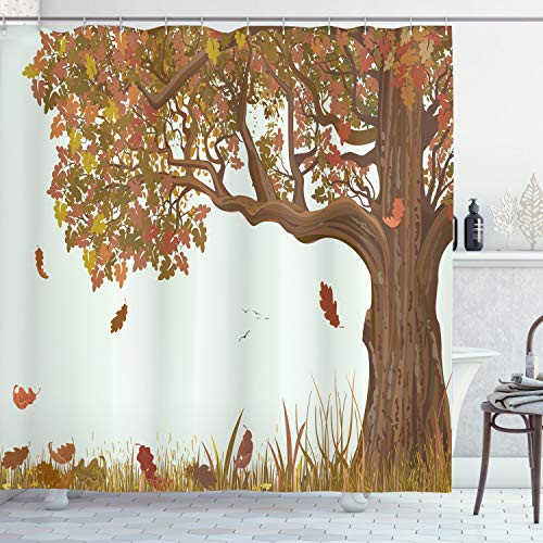 Ambesonne Tree of Life Shower Curtain, Autumn Season Fall Shady Deciduous Oak Leaves in Park Countryside Artwork, Cloth Fabric Bathroom Decor Set with Hooks, 75" Long, Umber Redwood