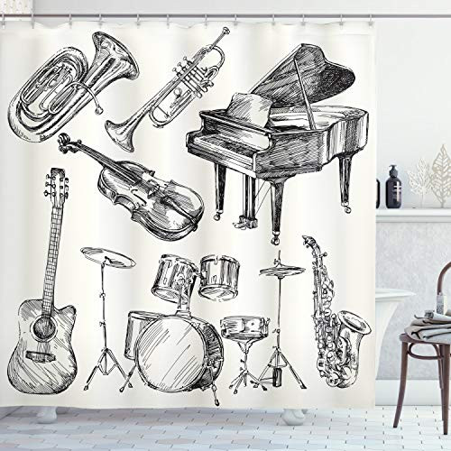Ambesonne Jazz Music Shower Curtain, Illustration of Musical Instruments Sketch Style Art with Trumpet Piano Guitar, Cloth Fabric Bathroom Decor Set with Hooks, 75 Inches Long, Beige Black