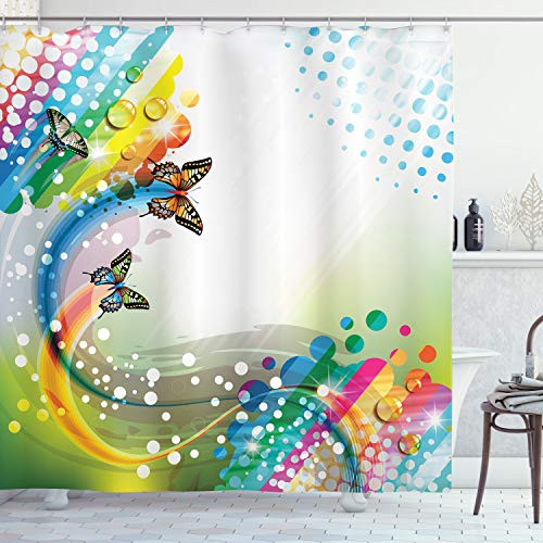 Ambesonne Colorful Shower Curtain, Trippy Flying Butterflies with Colored Comet Bubbles Creative Design, Cloth Fabric Bathroom Decor Set with Hooks, 75" Long, White Green