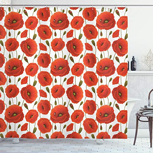 Ambesonne Poppy Shower Curtain, Spring Flowers with Ladybugs Animals and Plants Flora and Fauna Nature, Cloth Fabric Bathroom Decor Set with Hooks, 75" Long, Red Olive Green