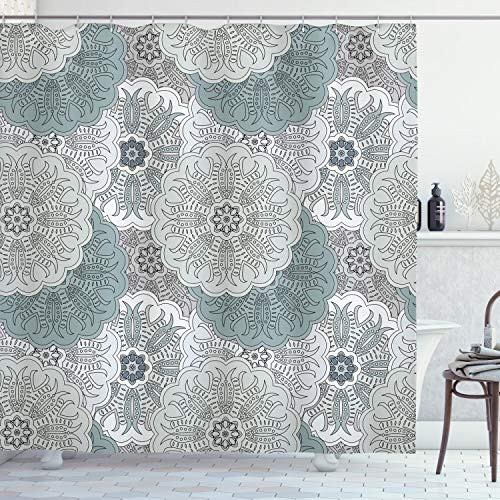 Ambesonne Grey Shower Curtain, Tile Art Mandala with Oriental Touch Eastern Style Motif, Cloth Fabric Bathroom Decor Set with Hooks, 75" Long, Blue