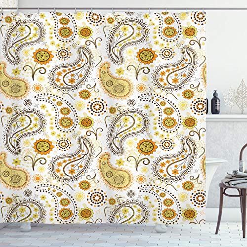 Ambesonne Sunflower Shower Curtain, Floral Pattern with Sunflowers and Paisley Vintage Boho, Cloth Fabric Bathroom Decor Set with Hooks, 75" Long, Orange Yellow