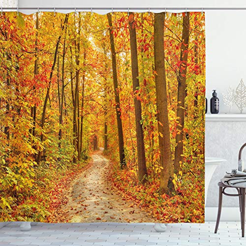 Ambesonne Fall Shower Curtain, Deciduous Trees with Seasonal Leaves Pathway Wilderness Woodland Image, Cloth Fabric Bathroom Decor Set with Hooks, 75" Long, Orange Green
