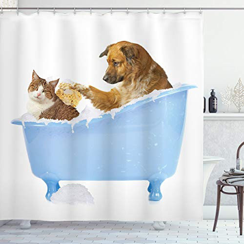 Ambesonne Cat Shower Curtain, Dog Kitty in The Bathtub Together Bubbles Shampooing Having Shower Fun Print, Cloth Fabric Bathroom Decor Set with Hooks, 84" Long Extra, White Blue