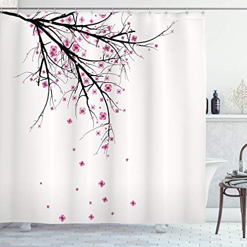 Ambesonne Nature Shower Curtain, Cherry Blossoming Falling Petals Flowers Springtime Park Simple Illustration Print, Cloth Fabric Bathroom Decor Set with Hooks, 84" Long Extra, Pink Black Ambesonne Nature Shower Curtain, Cherry Blossoming Falling Petals Flowers Springtime Park Simple Illustration Print, Cloth Fabric Bathroom Decor Set with Hooks, 84" Long Extra, Pink Black