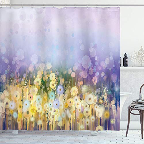 Ambesonne Flower Shower Curtain, Chamomile and Dandelion Field Meadow Landscape in Contrasting Colors Idyllic View, Cloth Fabric Bathroom Decor Set with Hooks, 84" Long Extra, Yellow Purple