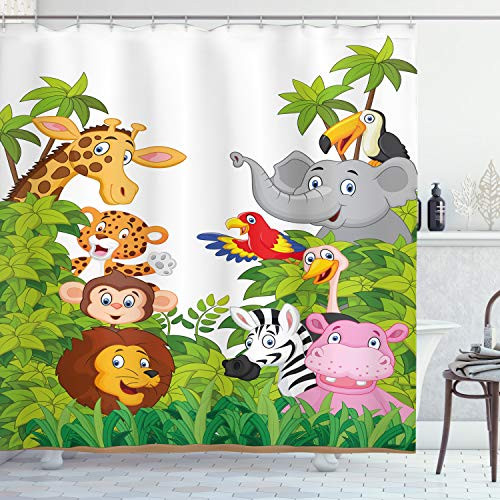 Ambesonne Nursery Shower Curtain, Cartoon Style Zoo Animals Safari Jungle Mascots Tropical Forest Wildlife Pattern, Cloth Fabric Bathroom Decor Set with Hooks, 84" Long Extra, Green White