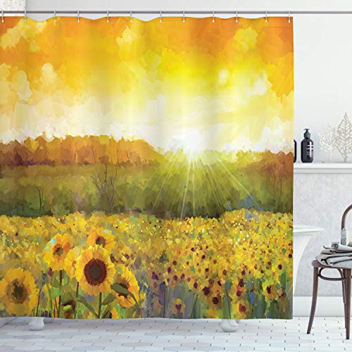 Ambesonne Sunflower Shower Curtain, Landscape with a Golden Yellow Sunflower Field and Distant Hill Sunset Colors, Cloth Fabric Bathroom Decor Set with Hooks, 84" Long Extra, Green Orange