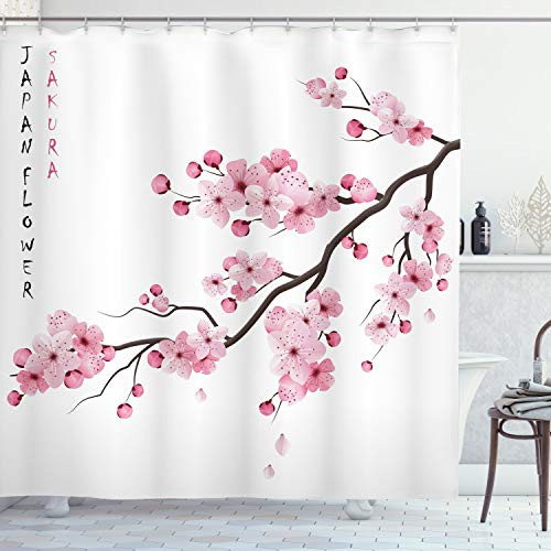 Ambesonne Asian Shower Curtain, Illustration of Japanese Cherry Branches with Blooming Flowers Spring Themed Boho Art, Cloth Fabric Bathroom Decor Set with Hooks, 84" Long Extra, White Pink