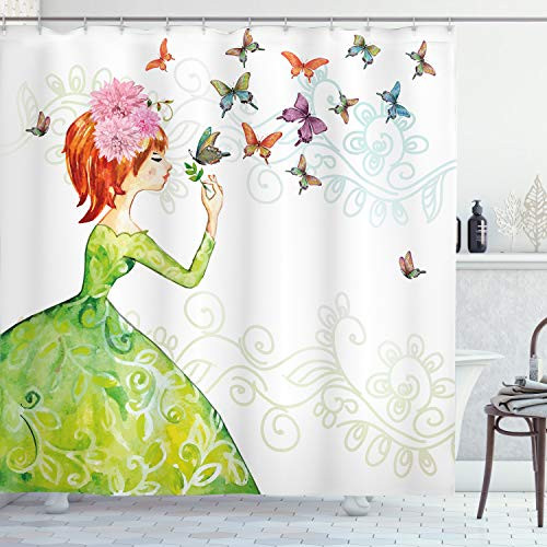 Ambesonne Butterfly Shower Curtain, Floral Lady in Green Dress with Leaf Ornaments Flower Pastel Butterfly, Cloth Fabric Bathroom Decor Set with Hooks, 84" Long Extra, Pink Orange