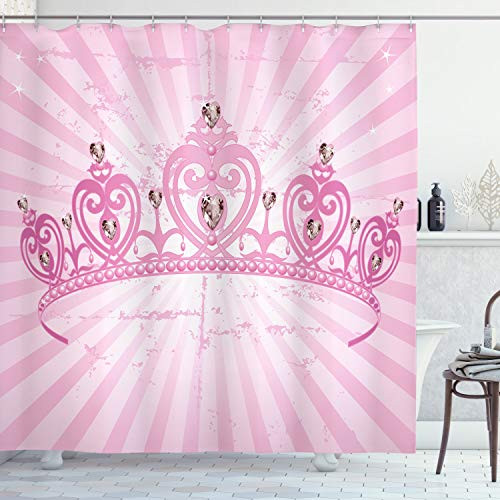 Ambesonne Queen Shower Curtain, Childhood Theme Pink Heart Shaped Princess Crown on Radial Backdrop Romantic, Cloth Fabric Bathroom Decor Set with Hooks, 75" Long, Light Pink