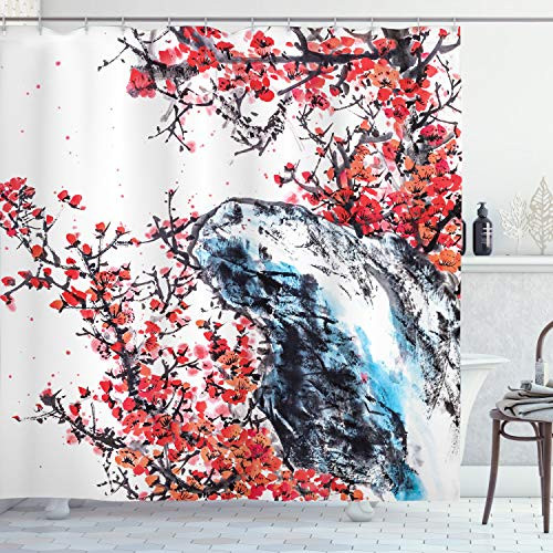 Ambesonne Ethnic Shower Curtain, Sakura Blossoms with a Bird Chinese Culture Hand Drawn Image, Cloth Fabric Bathroom Decor Set with Hooks, 70" Long, Coral Brown