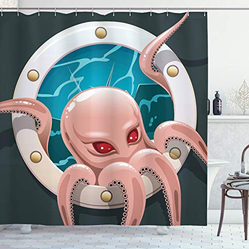 Ambesonne Octopus Shower Curtain, Kraken Octopus with Tentacles in Ship Porthole Cartoon Illustration Retro Art, Cloth Fabric Bathroom Decor Set with Hooks, 70" Long, Grey Pink