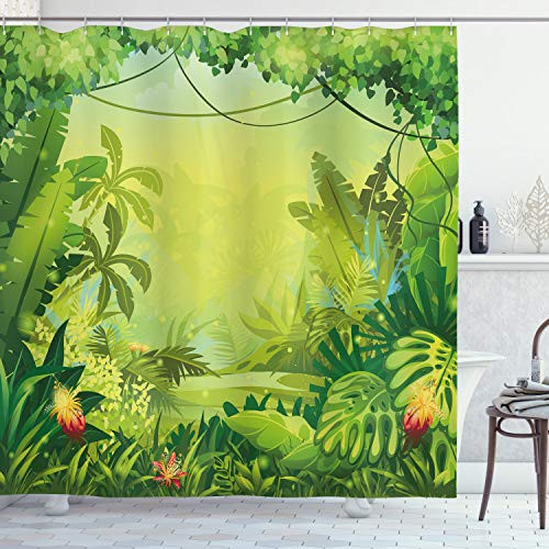 Ambesonne Nature Shower Curtain by, Jungle with Red Flowers and Large Tropical Plants Foliage Woodland Fern Illustration, Fabric Bathroom Decor Set with Hooks, 70 Inches, Lime Green