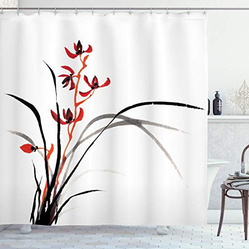 Ambesonne Japanese Decor Collection, Classic Cultural Chinese Ink Paint Print of Native Wild Orchids with Reflexive Birches, Polyester Fabric Bathroom Shower Curtain Set with Hooks, Red Black
