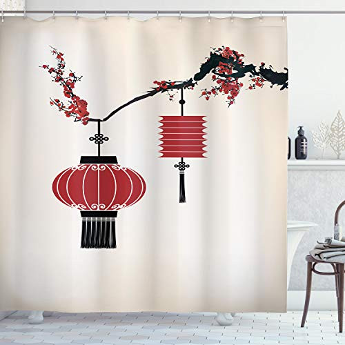Ambesonne Lantern Shower Curtain, Chinese Lantern Hanging on Cherry Tree Celebration Flower Oriental Design Artwork, Cloth Fabric Bathroom Decor Set with Hooks, 70" Long, Black Red