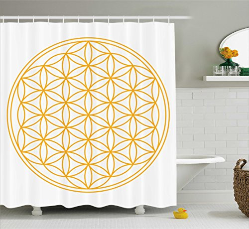 Ambesonne Geometry Shower Curtain, Aesthetic Flower Life Motif with Circle Angles Esoteric Cosmos Theme, Cloth Fabric Bathroom Decor Set with Hooks, 70" Long, Apricot White