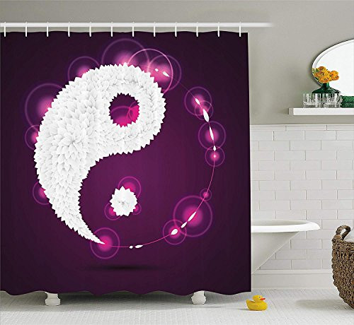 Ambesonne Ying Yang Decor Collection, Digital Art Origami Leaves Petals and Aura Lights Graphic Ying Yang Cosmos Theme Art, Polyester Fabric Bathroom Shower Curtain Set with Hooks, Purple White