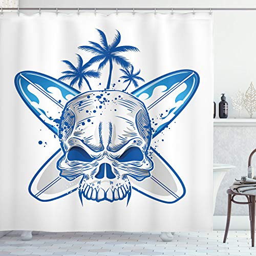 Ambesonne Surfboard Shower Curtain, Skull on Surfboard Head Dead Horror Scary Grunge Tattoo Skeleton Coastline, Cloth Fabric Bathroom Decor Set with Hooks, 70" Long, Grey White Blue
