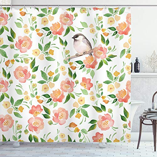 Ambesonne Floral Shower Curtain, Flower Petals Blossoms Leaves and Bird Sitting Vintage Inspired Image, Cloth Fabric Bathroom Decor Set with Hooks, 70" Long, Green Coral
