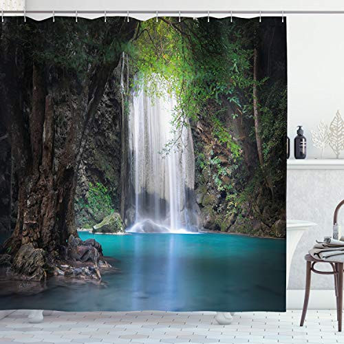 Ambesonne Nature Shower Curtain, Surreal Scene Deep Down in Rainforest with Waterfall Idyllic Image, Fabric Bathroom Decor Set with Hooks, 70 Inches, Turquoise Brown Fern Green