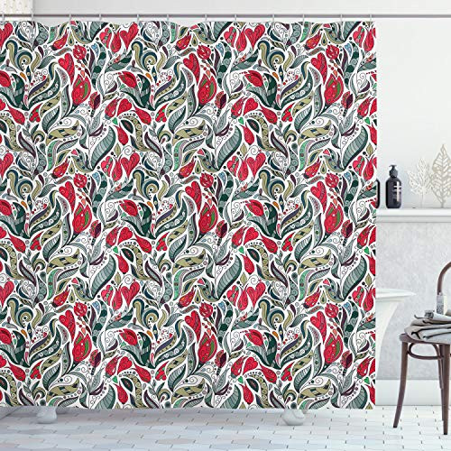 Ambesonne Retro Shower Curtain, Colorful Boho Flowers Pattern Swirl Leaves with Modern Floral Pattern, Cloth Fabric Bathroom Decor Set with Hooks, 70" Long, Pink Grey