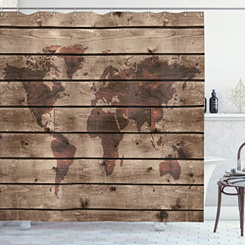 Ambesonne Rustic World Map Shower Curtain, World Atlas Reflection on Horizontal Oak Trees with Lines Region Space Theme, Cloth Fabric Bathroom Decor Set with Hooks, 75" Long, Brown