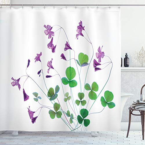 Ambesonne Flower House Decor Collection, Springtime Garden Wildflowers and Clovers Modern Floral Theme Graphic Print, Polyester Fabric Bathroom Shower Curtain, 84" Long Extra, White Purple Green