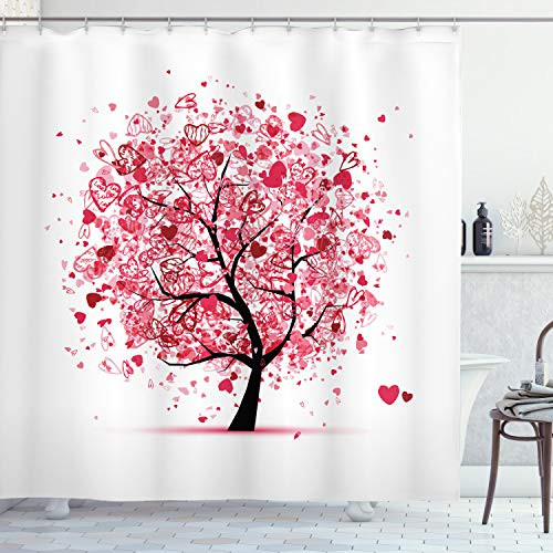 Ambesonne Tree of Life Shower Curtain, Ornate Valentine Tree with Swirled Hearts and Doodles in Love Future Couple, Cloth Fabric Bathroom Decor Set with Hooks, 84" Long Extra, White Pink