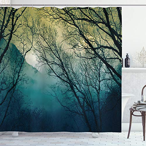 Ambesonne Nature Shower Curtain, Surreal Morning in The Foggy Misty Forest Mountain Valley Habitat Themed Himalayan, Cloth Fabric Bathroom Decor Set with Hooks, 84" Extra Long, Petrol Blue