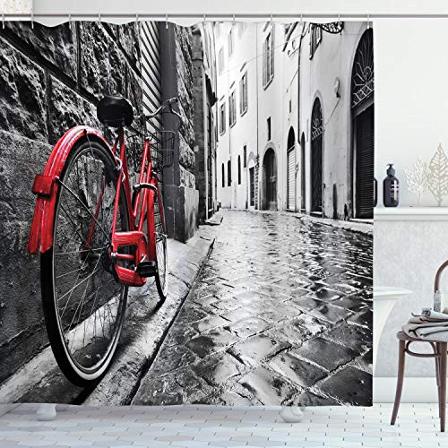 Ambesonne Bicycle Shower Curtain, Classic Bike on Cobblestone Street in Italian Town Leisure Photo, Cloth Fabric Bathroom Decor Set with Hooks, 84" Extra Long, White Black