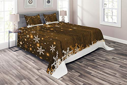 Ambesonne Christmas Coverlet, Rustic Wooden Backdrop with Snowflakes and Warm Traditional Celebration Print, 3 Piece Decorative Quilted Bedspread Set with 2 Pillow Shams, Queen Size, Brown White
