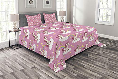 Ambesonne Nursery Bedspread, Unicorns Standing on Clouds with Rainbows and Stars on a Pink Skyline, Decorative Quilted 3 Piece Coverlet Set with 2 Pillow Shams, Queen Size, Yellow White Ambesonne Nursery Bedspread, Unicorns Standing on Clouds with Rainbows and Stars on a Pink Skyline, Decorative Quilted 3 Piece Coverlet Set with 2 Pillow Shams, Queen Size, Yellow White