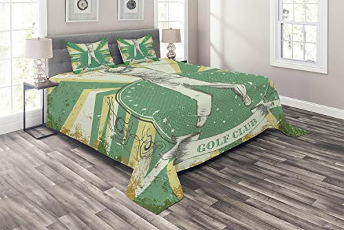 Lunarable Vintage Coverlet Set Queen Size, Retro Poster Print Man Playing Golf Golf Club Words on Grunge Background, 3 Piece Decorative Quilted Bedspread Set with 2 Pillow Shams, Yellow Beige