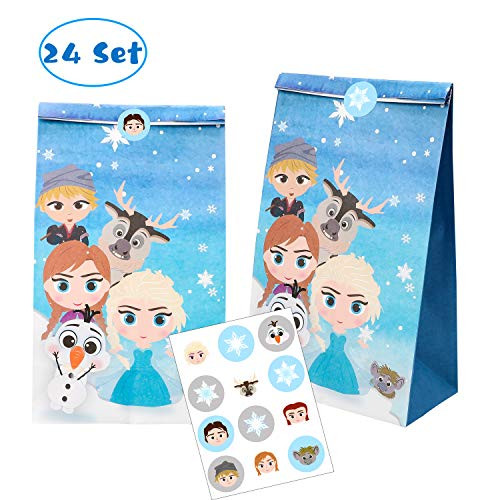 MALLMALL6 24Pcs Frozen Candy Treat Bags Princess Theme Birthday Party Supplies Winter Snow Queen Goodie Party Favor Bags Elsa Anna Baby Shower Dessert Bags with Princess Snowflake Stickers for Kids