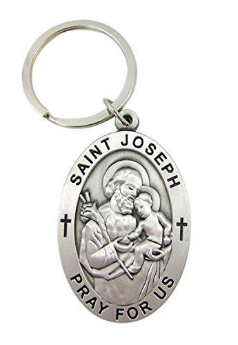 Pewter Patron Saint Joseph Pray For Us Oval Pendant Key Chain, 2 1/4 Inch