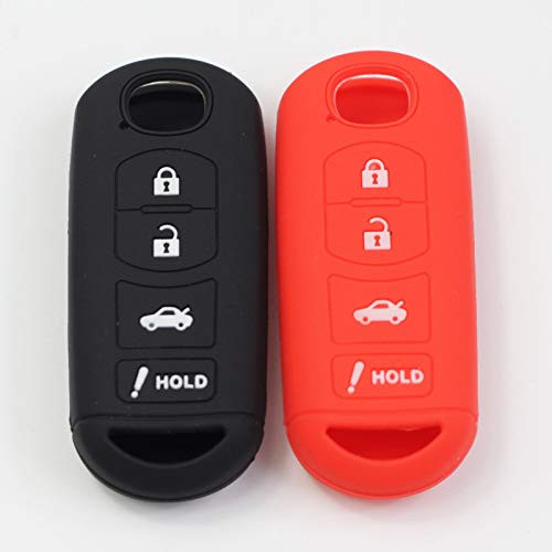 Btopars 2Pcs 4 Button Rubber Smart Key Fob Cover Case Remote Skin Keyless Jacket Holder Protector Compatible with Mazda 3 6 CX-7 CX-9 MX-5 Miata Black Red