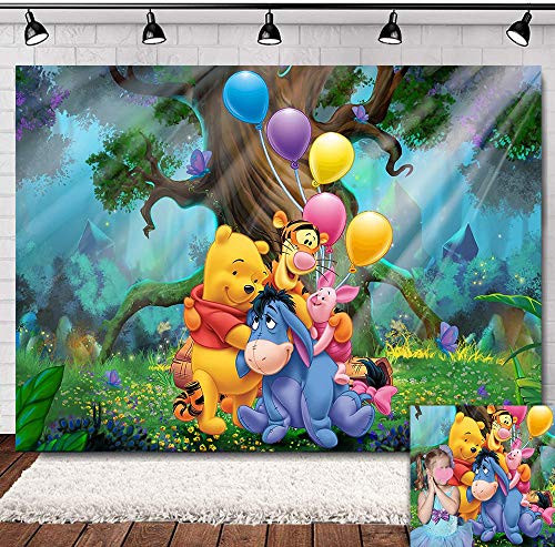 Fairy Tale Forest Photography Backdrop Cartoon Animals Vinyl Winnie the Pooh Photo Background for Baby Girls Boys Birthday Party Banner Photo Booths Baby Shower Dessert Table Bedroom Decorations 5x3ft