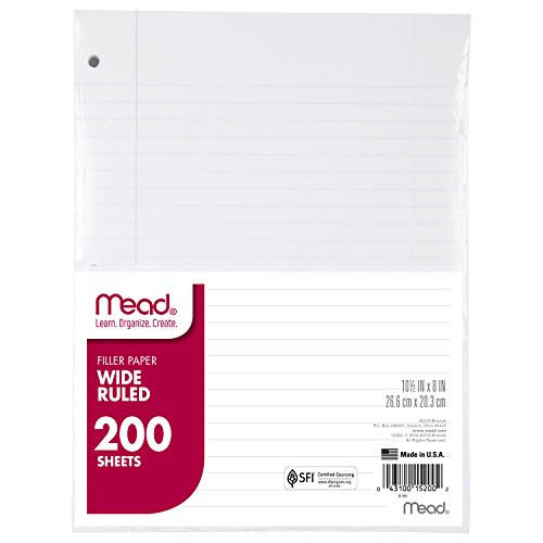 Mead Filler Paper, Loose Leaf Paper, Wide Ruled Paper, 200 Sheets, 10-1/2" x 8", White (15200)