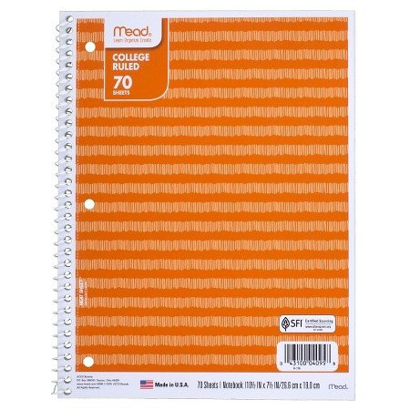 Mead  Spiral Notebook, College Ruled, 70pgs, 10.5" x 8" - Orange Stripes