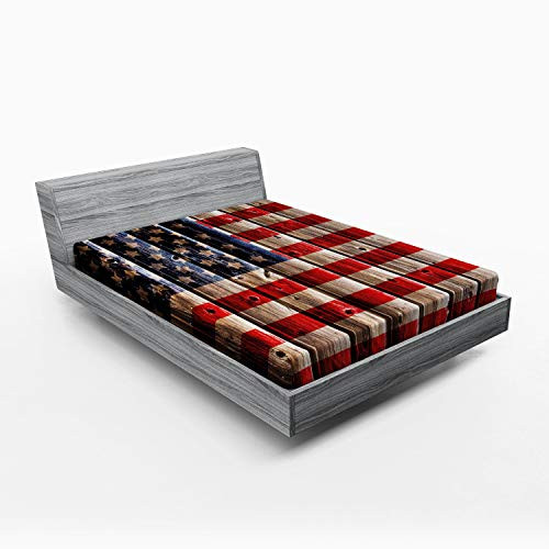 Ambesonne 4th of July Fitted Sheet, Rustic Backdrop with American Flag Design Wooden Boards Design, Soft Decorative Fabric Bedding All-Round Elastic Pocket, Queen, Vermilion Navy