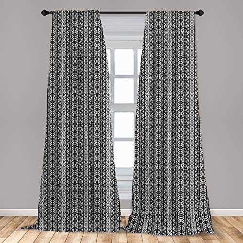 Ambesonne Retro Curtains, Boho Pattern in Black and White with Western Native Effects Folk Design, Window Treatments 2 Panel Set for Living Room Bedroom Decor, 56" x 95", Grey Black
